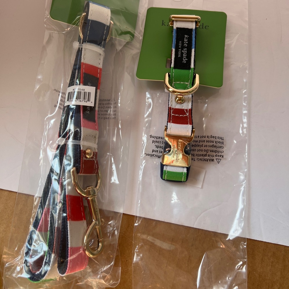 Kate Spade Adventure Stripe Dog Collar & Leash Set NEW Multicolor Gold Hardware - Picture 7 of 7